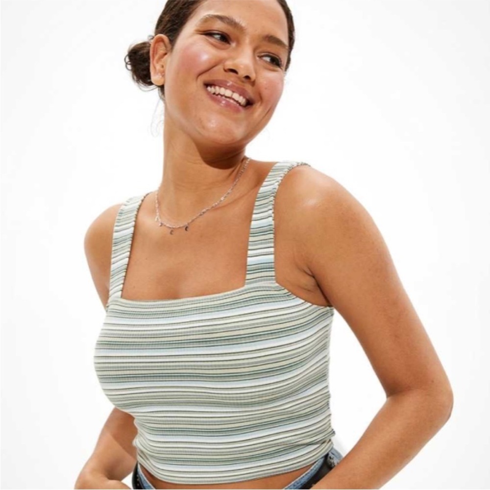 American Eagle Green and White Striped Extreme Square Neck Tank Top XS